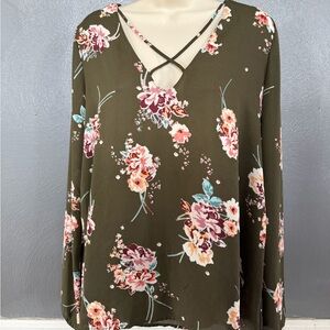 Lush Olive Green Floral Long Sleeve Blouse | Size M